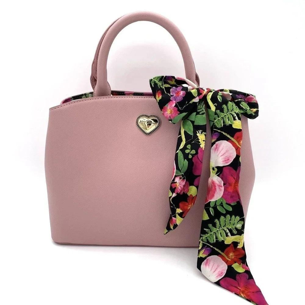 Betsey Johnson Blush Pink Satchel Crossbody Purse Bow Scarf Heart Logo NWT